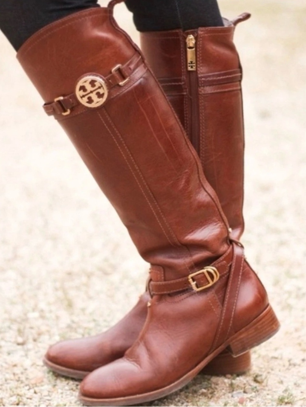 TORY BURCH Calista Cognac Brown Leather Riding Boots Logo Gold Hardware sz 10